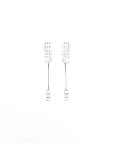 Miu Miu Logo Dangling Rhinestone Earrings In Silver