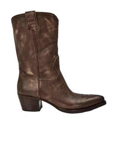 Miu Miu Logo Denim Ankle Boots In Brown