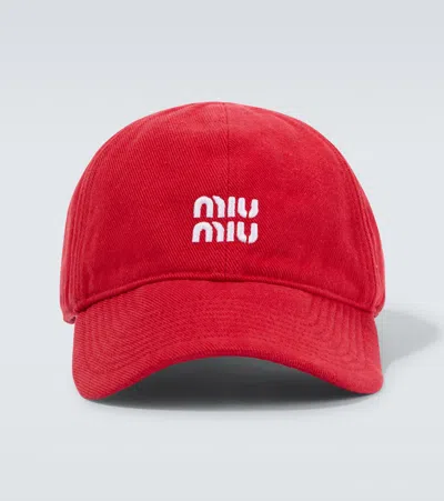 Miu Miu Logo Denim Baseball Cap In Red