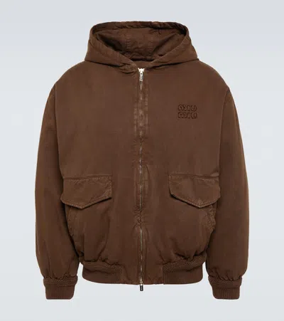 Miu Miu Logo Denim Bomber Jacket In Brown