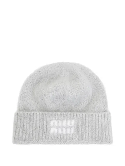 Miu Miu Logo-detail Beanie Hat In Gray