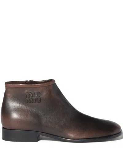 Miu Miu Logo-detail Leather Boots In Brown