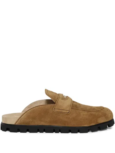 Miu Miu Logo-detail Suede Loafers In Brown