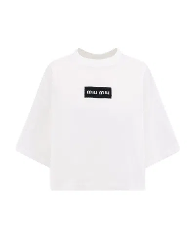 Miu Miu Logo-detailed Cropped T-shirt In White