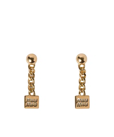 Miu Miu Logo-detailed Drop Earrings In Yellow