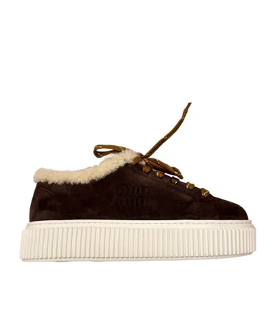 Miu Miu Logo-detailed Lace-up Sneakers In Brown