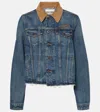 Miu Miu Logo Distressed Corduroy-trimmed Denim Jacket In Blue