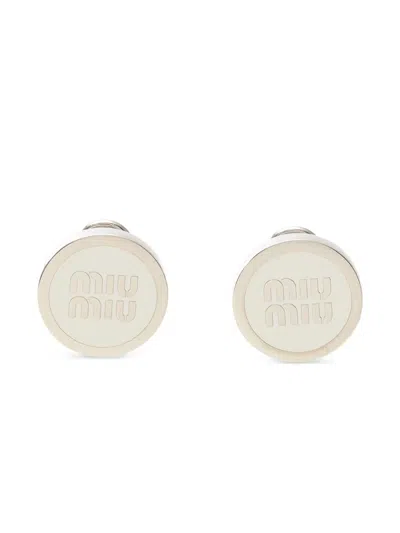 Pre-owned Miu Miu Logo Earrings In Gray
