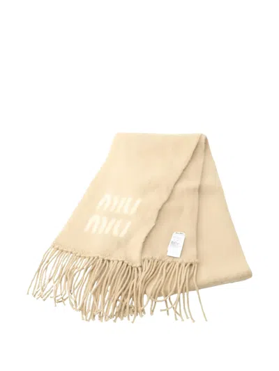 Pre-owned Miu Miu Logo-embellishment Fringed-scarf In Neutral