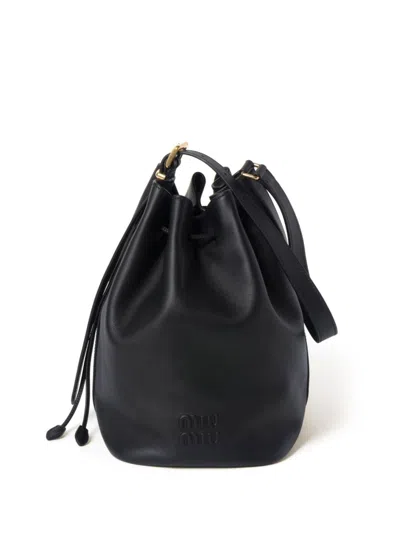 Miu Miu Black Logo-embossed Leather Bucket Bag In Nero