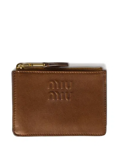 Miu Miu Logo-embossed Leather Card Holder In Brown