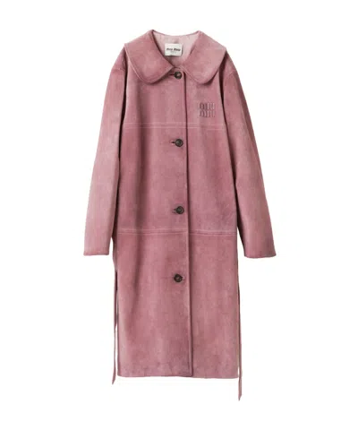 Miu Miu Logo-embossed Leather Coat In Pink
