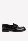 Miu Miu Logo Embossed Leather Loafers In Black