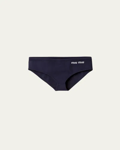 Miu Miu Logo-embroidered Bikini Bottoms In Bleu