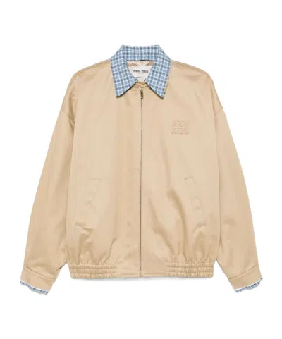 Miu Miu Logo-embroidered Bomber Jacket In Gray