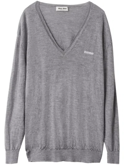 Miu Miu V-neck Cashmere Sweater In Grey