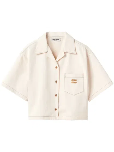 Miu Miu Logo-embroidered Denim Shirt In Neutrals
