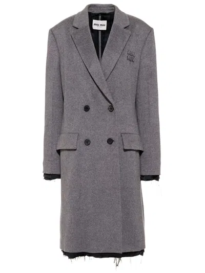 Miu Miu Logo-embroidered Double-breasted Coat In Grau