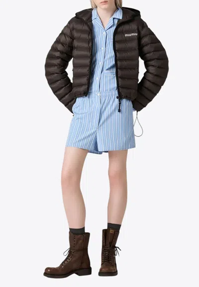 Miu Miu Logo Embroidered Down Jacket In Brown