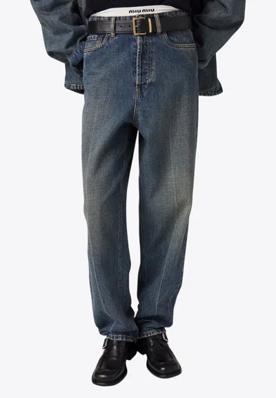 Miu Miu Logo Embroidered Faded Jeans In Blue
