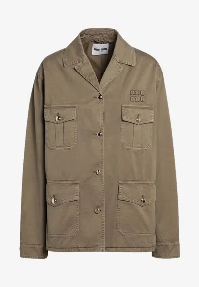 Miu Miu Logo Embroidered Field Jacket In Green