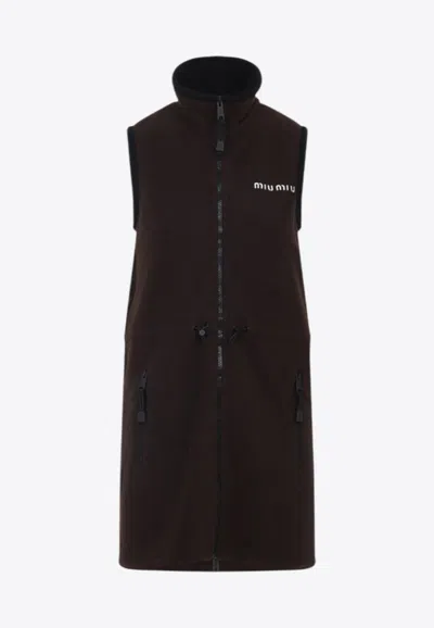 Miu Miu Logo-embroidered Fleece Mini Dress In Brown