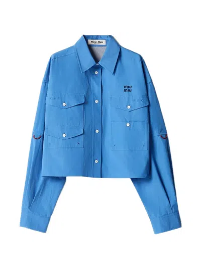 Miu Miu Logo-embroidered Front-pockets Shirt In Blue