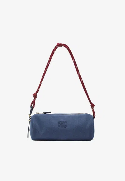 Miu Miu Logo Embroidered Gabardine Shoulder Bag In Blue