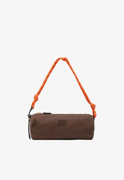 Miu Miu Logo Embroidered Gabardine Shoulder Bag In Brown