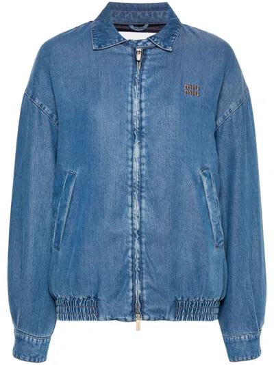 Miu Miu Logo-embroidered Jacket In Blue