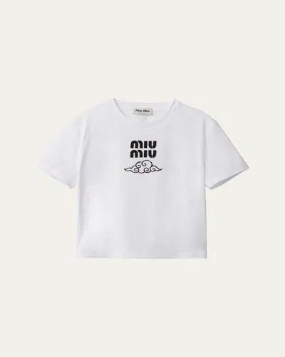 Miu Miu Logo-embroidered Jersey T-shirt In White