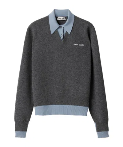 Miu Miu Cashmere Long-sleeved Polo Sweater In Black
