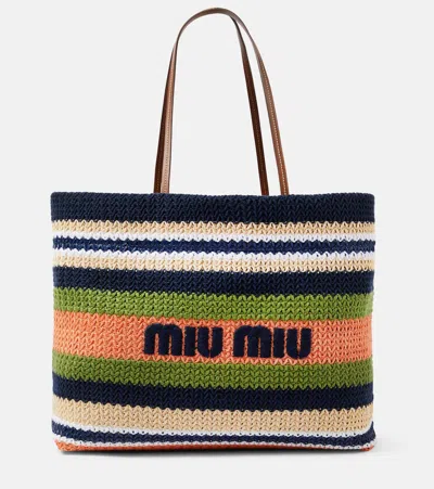 Miu Miu Logo Embroidered Leather-trimmed Tote Bag In Multicoloured