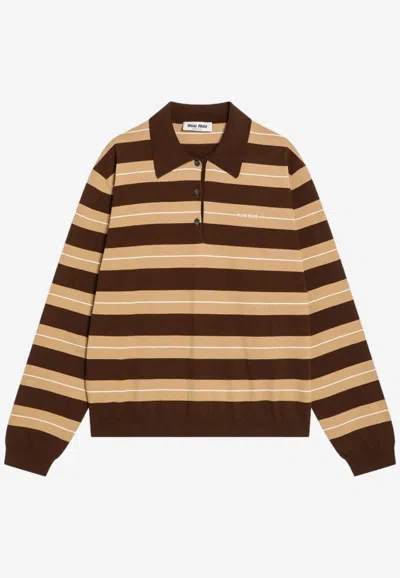 Miu Miu Logo Embroidered Long-sleeved Polo T-shirt In Brown