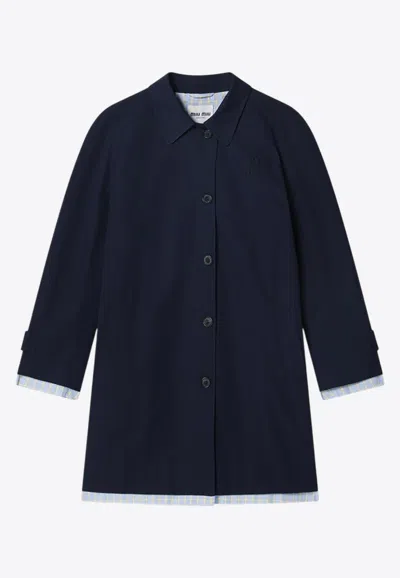 Miu Miu Logo Embroidered Overcoat In Blue