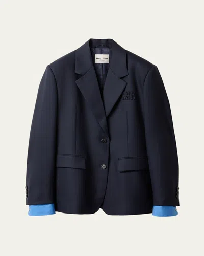 MIU MIU LOGO EMBROIDERED OVERSIZED WOOL BLAZER JACKET