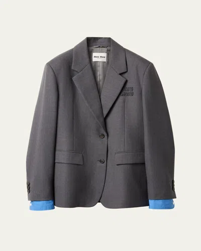 Miu Miu Logo Embroidered Oversized Wool Blazer Jacket In F0308 Antracite