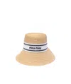Miu Miu Logo-embroidered Raffia Hat In Nude