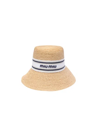 Miu Miu Logo-embroidered Raffia Hat In Nude