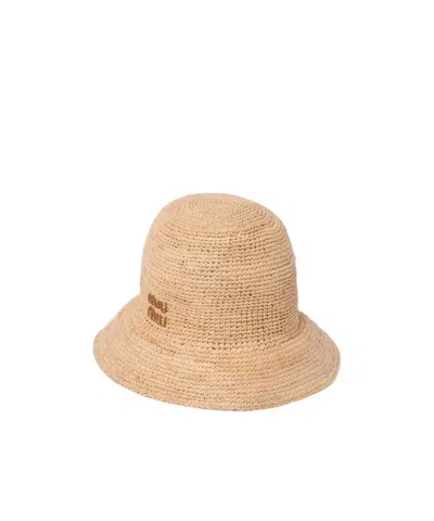 Miu Miu Logo-embroidered Raffia Sun Hat In Nude