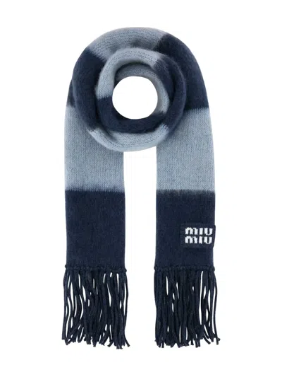 Miu Miu Mohair Blend Scarf With Embroidered Stripes And Fringe In Blue