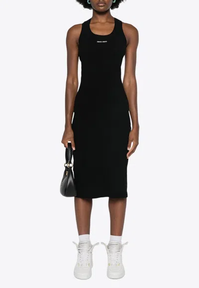 Miu Miu Logo-embroidered Sleeveless Midi Dress In Black