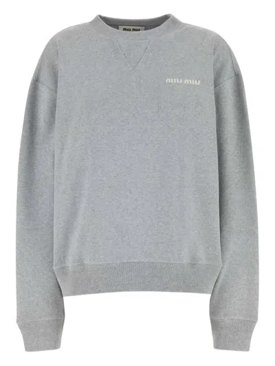 Miu Miu Oversize Crew Neck Sweatshirt With Ribbed Cuffs In Gray