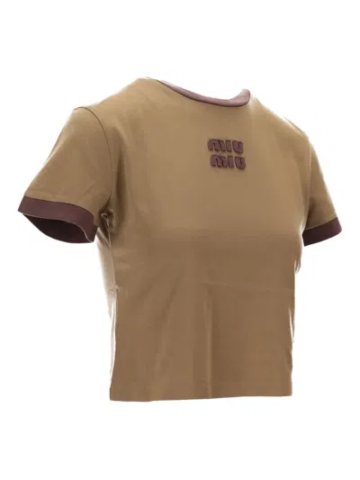 Miu Miu Logo-embroidered T-shirt In Brown