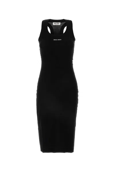 Miu Miu Black Embroidered-logo Midi Dress