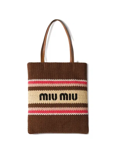Miu Miu Cotton Crochet Tote Bag With Embroidered Logo In Brown