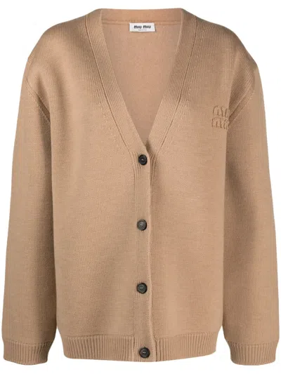 Miu Miu Cardigan Mit Logo In Brown