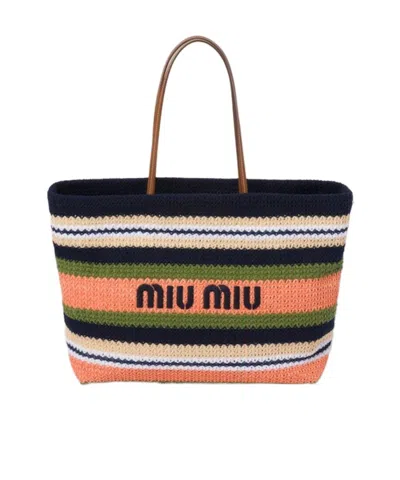 Miu Miu Logo-embroidered Woven Tote Bag In Multicolor