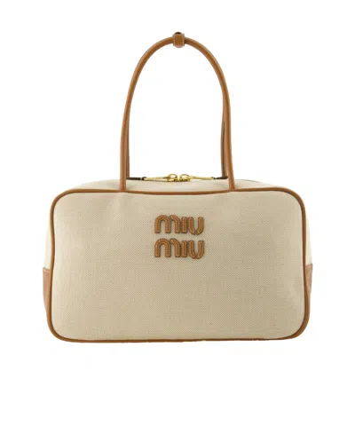 Miu Miu Logo-embroidered Zip Tote Bag In Neutral