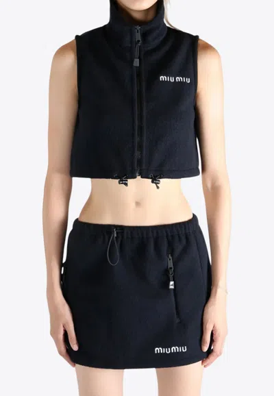 Miu Miu Logo-embroidered Zip-up Cropped Vest In Blue